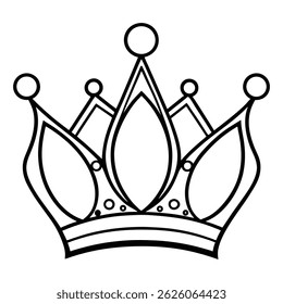 Create a black-and-white line art illustration of a royal crown on a white background