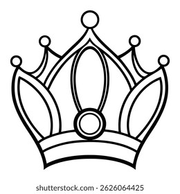 Create a black-and-white line art illustration of a royal crown on a white background