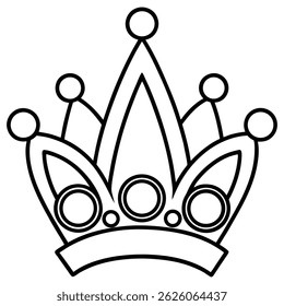 Create a black-and-white line art illustration of a royal crown on a white background