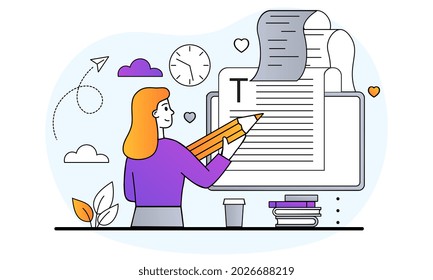 Create Books Concept. Woman Writes Poetry Or Literary Work. Writing As Hobby. Print Article On Computer. Character With Large Pencil. Cartoon Doodle Flat Vector Illustration On White Background