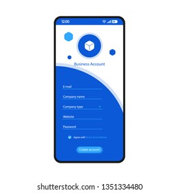 Create business account smartphone interface vector template. Mobile register page black design layout. Sign up fields app screen. Flat UI for application. Company registration form. Phone display