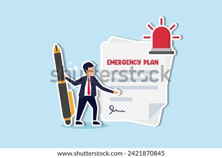 Create business emergency plan, disaster checklist for biz continuity and resilience. concept, smart businessman leader holding pencil with paper of emergency plan flashing siren.