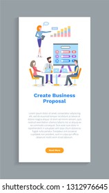 Create business proposal, teamwork in office with computer, man and woman working with laptop. Worker showing chart, board with empty icons vector