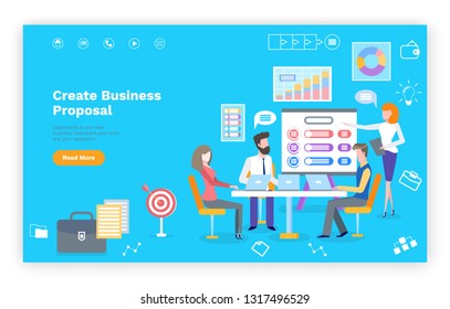 Create business proposal template website, teamwork with laptops. Diagram and chart icons, financial project, blue landing page of investment vector