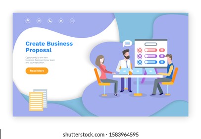 Create business proposal vector, website or webpage template, landing page flat style. Infographics on whiteboard, people on conference planning steps