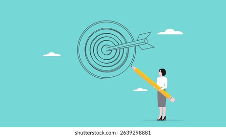create business target or goal, make business plan for career success, business woman drawing a dart board with arrows on target using a pencil concept vector illustration