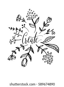 Create card. Hand drawn lettering. Calligraphy element. Modern brush calligraphy. Hand drawn poster. Ink illustration. Hand drawing lettering.