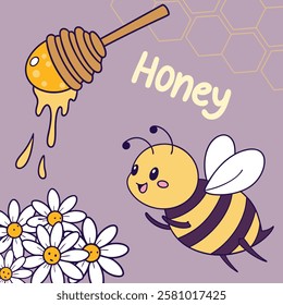 Create A Cartoon happy flying bee with a bee on his head and a flower in the background