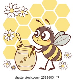 Create A Cartoon happy flying bee with a bee on his head and a flower in the background