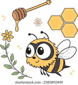 Create A Cartoon happy flying bee with a bee on his head and a flower in the background