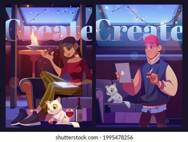 Create cartoon motivational posters. Young man and woman at home art place on attic writing or painting on tablet pc at night time. Thoughtful people creativity at dark mansard, vector illustration.