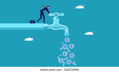 Create a cash flow. A businessman opens a tap with money flowing out. business concept vector illustration
