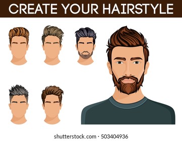 Create, change of hairstyle choices. Men hair style symbol hipster beard, mustache stylish, modern. Vector illustration