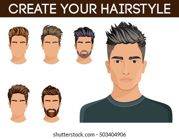 Create, change hairstyles. Men hair style symbol hipster beard, mustache stylish, modern. Vector illustration