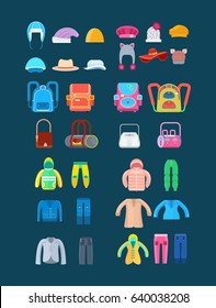 Create a character. Big set children's clothing: hats, bags and backpacks, upper casual clothing, for children in cold weather. Colorful flat illustration isolated on white background.