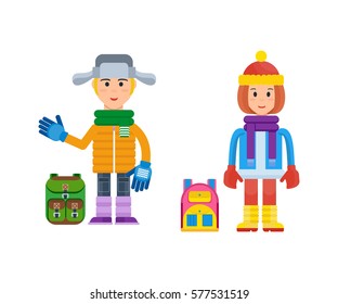 Create character. Boy and girl dressed in winter clothing fully prepared for cold weather. Vector illustration isolated on white background.