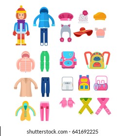Create a character. Clothes for children in cold weather. The girl, dressed in warm, diverse clothes, is fully prepared for the cold weather. Colorful flat illustration isolated on white background.