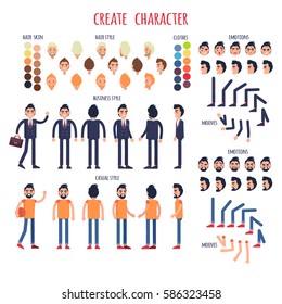 Create character poster of men in various positions wearing clothes in business and casual style. Hair and skin style round signs collection, moving human legs and arms and set of face emotions.