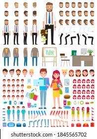 Create character. Set of different illustrations with body parts. Businessman and teenagers boy end girl. Icons with different types of faces, emotions, clothes. Front, side, back view of people