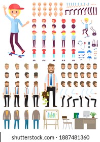 Create character. Set of different illustrations with body parts. Businessman and teenager. Icons with different types of faces, emotions, clothes. Front, side, back view of male person cartoon design