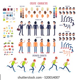 Create character. Set of different illustrations with body parts. Work. Rest. Sport. Hair style. Skin. Clothes. Emotions. Moves. Animated characters. Business, casual style. Cartoon design. Vector