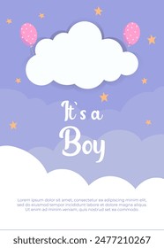 Create a charming baby boy announcement card adorned with clouds, stars, and balloons set against a soothing blueish background, perfect for celebrating this joyous occasion.