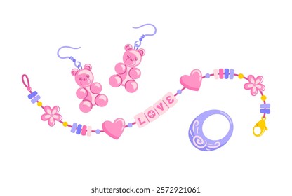 Create a charming DIY bracelet with letter beads spelling love and heart designs, complemented by gummy bear earrings. vibrant plastic ring, beads reflect Y2K and hippie styles for accessories