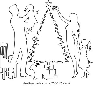 Create a charming line art vector design of a family joyfully decorating a Christmas tree, capturing the warmth and togetherness of the holiday season.