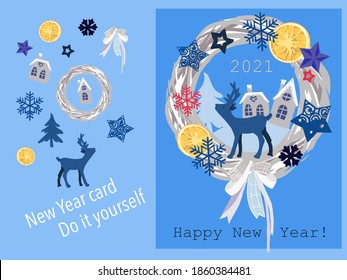 Create a Christmas wreath with winter elements. Happy New Year greeting card.