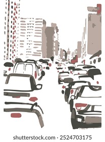 Create a cityscape using varying line thicknesses to depict buildings, streets, and skyline, adding depth and visual interest.