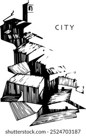 Crie uma paisagem urbana usando espessuras de linha variadas para representar edifícios, ruas e horizonte, adicionando profundidade e interesse visual.