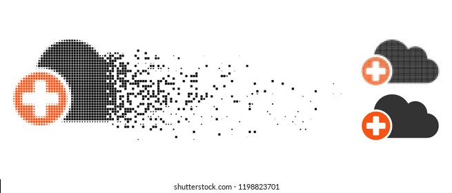 Create cloud icon in dispersed, pixelated halftone and undamaged entire versions. Fragments are composed into vector dissipated create cloud icon. Disappearing effect involves rectangular points.