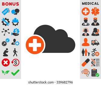 Create Cloud vector icon with bonus. Style is bicolor flat symbol, orange and gray colors, rounded angles, white background.