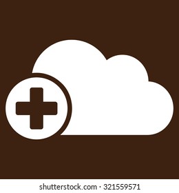 Create Cloud vector icon. Style is flat symbol, white color, rounded angles, brown background.