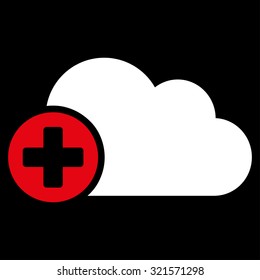 Create Cloud vector icon. Style is bicolor flat symbol, red and white colors, rounded angles, black background.