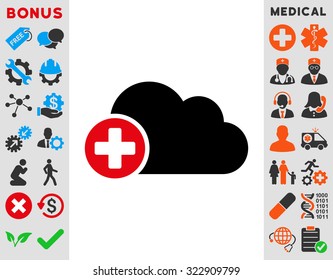 Create Cloud vector icon. Style is bicolor flat symbol, intensive red and black colors, rounded angles, white background.