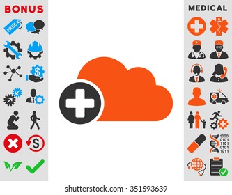 Create Cloud vector icon. Style is bicolor flat symbol, orange and gray colors, rounded angles, white background.