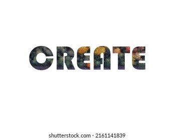 CREAR. Cartel de texto de tipografía colorida. Vector la palabra CREATE