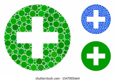 Create composition of small circles in different sizes and color hues, based on create icon. Vector small circles are united into blue collage. Dotted create icon in usual and blue versions.