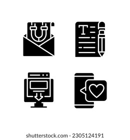 Crear contenido para atraer a los clientes iconos de glifos negros establecidos en espacio blanco. Comercialización por correo electrónico. Copywriter. Página de inicio. Comentarios. Símbolos de silueta. Paquete de pictogramas sólido. Ilustración aislada del vector
