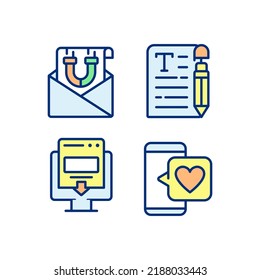 Create Content For Attract Customers Pixel Perfect RGB Color Icons Set. Email Marketing. Landing Page. Isolated Vector Illustrations. Simple Filled Line Drawings Collection. Editable Stroke