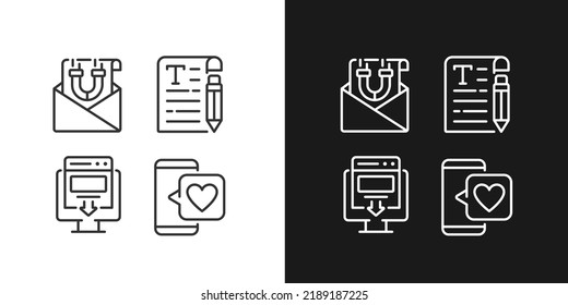 Create content for attract customers pixel perfect linear icons set for dark, light mode. Email marketing. Landing page. Thin line symbols for night, day theme. Isolated illustrations. Editable stroke