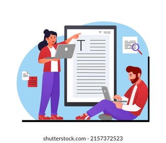 Crear concepto de contenido. Hombre y niña desarrollando artículo. Escritores de copias y autónomos. Tecnologías modernas y trabajo en Internet, contenido para sitios web y páginas. Dibujo vectorial plano de dibujos animados