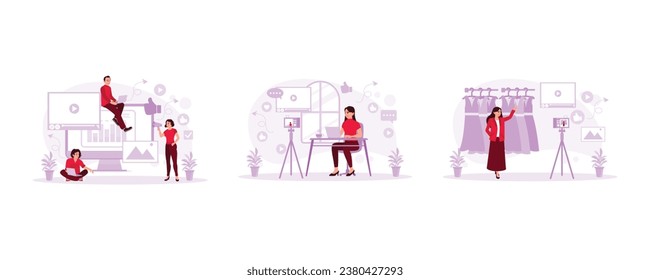Crear contenido con amigos. Vlogger propietario del café. Los empresarios modernos venden en línea. Concepto de marketing de contenido. Establecer la imagen plana vectorial moderna de tendencia