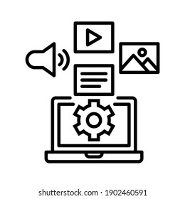 Create content icon. Laptop with media, sound, video, text and photo. Simple design. Line vector. Isolate on white background.