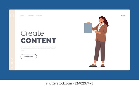Create Content Landing Page Template. Smiling Business Woman Wear Formal Suit Show Empty Banner. Female Character Presenting Information and Pointing on Copy Space. Cartoon People Vector Illustration