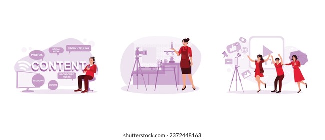 Crear contenido en medios sociales. Cocinando contenido de video. Contenido del videoblog. Concepto de creación de blogs. Establecer la imagen plana vectorial moderna de tendencia