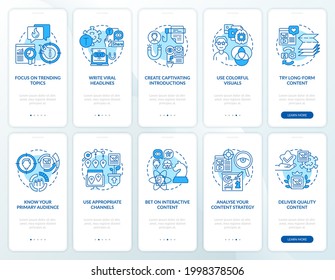Crea un conjunto de pantallas de páginas de aplicaciones móviles en conexión viral de contenido. Recorrido de temas de tendencia de 5 pasos instrucciones gráficas con conceptos. UI, UX, plantilla de vector GUI con ilustraciones de color lineales
