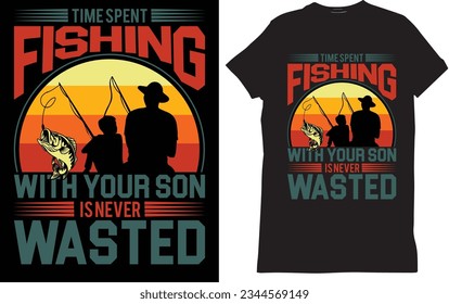 Create a cool fishing t-shirt featuring a big, colorful fish jumping out of the water with a joyful expression. Surround the fish with simple waves and a bright sun in the background. Add the words "G