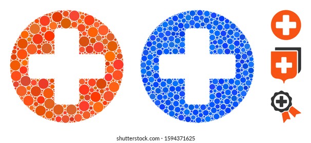 Create cross mosaic of round dots in variable sizes and color hues, based on create cross icon. Vector round elements are composed into blue mosaic.